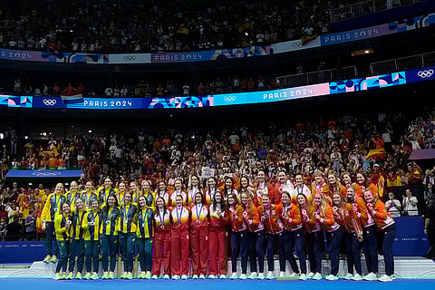 Women's water polo: Silver medalists Australia, Gold medalists Spain and Bronze medalists Netherlands during medal ceremony